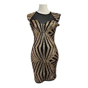 Entry Sequin Bodycon Dress Small Black Gold Art Deco Cocktail Mini Party Small